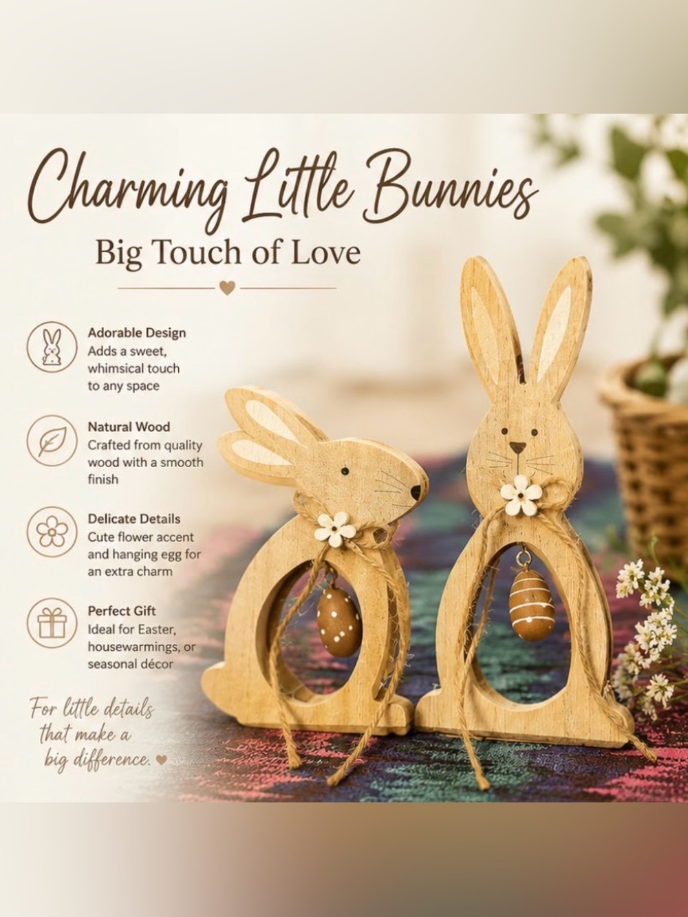 Wooden Bunny Decor with Hanging Egg